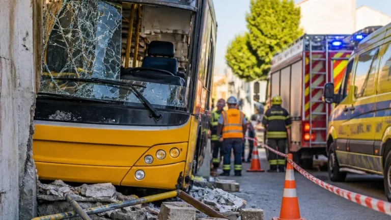 Acidente em Tomar: autocarro dos TUT embateu contra o Hospital e provocou uma morte