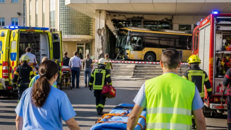 Acidente em Tomar: autocarro embate na fachada do hospital e provoca uma vítima mortal