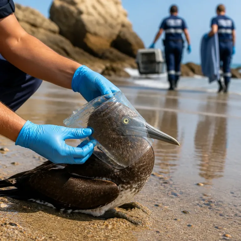 Atobá-marrom é salvo após ficar com a cabeça presa em pote de plástico em Ubatuba