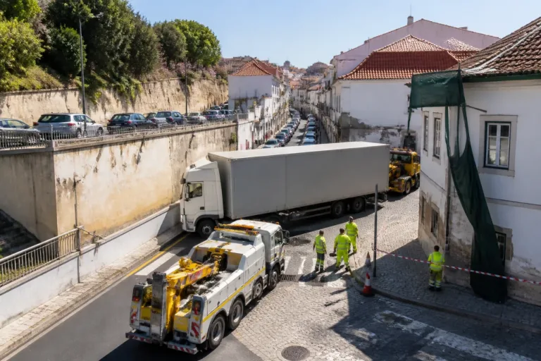 Camião preso no centro histórico de Santarém provoca congestionamentos e risco para habitação