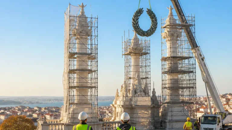 Coroas de louros em bronze serão repostas no topo das colunas do Parque Eduardo VII até setembro